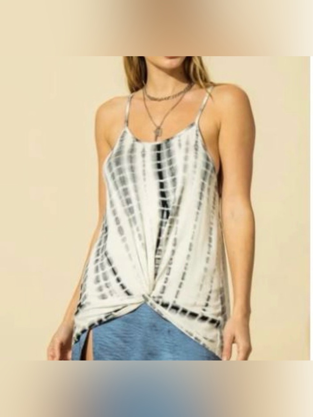 HYFVE Flowy Black/White Tie-Dye Spaghetti Strap Tank Top With Front Knot Detail